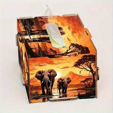 Ein großer DIY Holztaschentuchbox mit einem Elefanten, der in einer Sonnenuntergangsstimmung läuft, eine wiederverwendbare gemischte Farbkunstaufbewahrungsbox, Heim- und Bürodekoration, kreative Feiertagsgeschenke, Elefantenthema Naturkunstwerke.