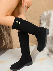 女士秋冬新款仿麂皮面料黑色及膝靴，后拉链设计复古简约个性舒适圆头粗跟及膝靴，时尚百搭正装靴细靴 - 黑色 - 查看 4