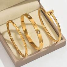 3pcs Set Bracelet, Golden Stainless Steel Bracelet Set Stainless Steel Bracelet Men And Women's Four Seasons Personalized Design Heart Zirconia Bracelet Jewelry Accessories Gifts, Jewelry Gold Jewelry Jewelry Women Bracelets Accessories