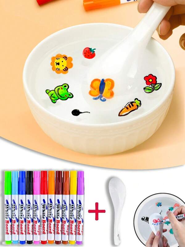10/14pcs Magical Water Painting Pen With Spoon, Fun Erasable Pens, Water Floating Pens, Paint In Water Watercolor Pens, Magic Water Drawing Pens With Floating Ink, 12 Colors Maker Pens Doodle Tools For Kids, Floating Marker Pens Toys Gifts For 3-12 Year Old Boys Girls Toddlers, Erasable Washable DIY Imagine, Educational Toy Colored Pencils For Painting, School Supplies, Back To School, Halloween, Exquisite Christmas Gift(Some Colors Random).