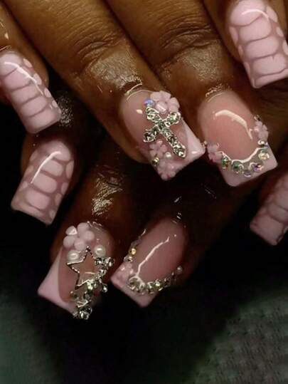 24pcs Short Square 3d Flower Nails, Stars, Crosses With Rhinestones Decoration Design French Acrylic Press On Nails Short Perfect Fit False Nails Kit,Including: 1pc Jelly Gel And 1pc Nail File. Easy To Wear Summer Nails & French Tip Nails Art For Woman Girl Daily Work Wear Rave Party Use