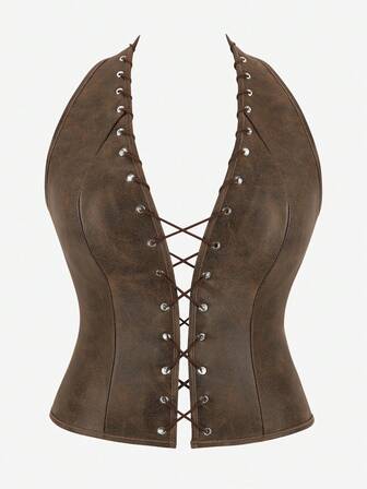 Top con cordones tipo corsé para mujeres, corsé ajustado con cuello halter, estilo vintage con huesos, adecuado para actuaciones en el escenario, mascaradas, Halloween, disfraces de piratas, estilo de corte retro