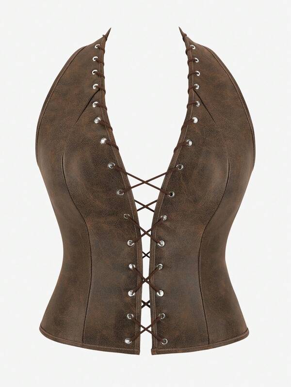 Top con cordones tipo corsé para mujeres, corsé ajustado con cuello halter, estilo vintage con huesos, adecuado para actuaciones en el escenario, mascaradas, Halloween, disfraces de piratas, estilo de corte retro