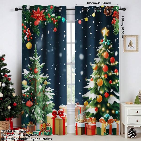 Conjunto de cortinas de poliéster com 2 peças, impressão plana 2D, flocos de neve de Natal, luzes de fadas, presente para árvore de Natal, decoração com poinsétia - design vermelho e verde para o feriado - cortinas com ilhós - ideal para decoração e festas de fim de ano, decoração de janela para o feriado | Decoração de quarto para o feriado | Tecido de poliéster, decorações de Natal