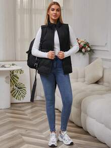 都市秋冬女式黑色无袖羽绒背心夹克，轻盈保暖的立领外套，拉链开合，适合日常休闲穿着、办公室通勤、周末购物、节日聚会、寒冷天气出差 - 黑色 - 查看 6