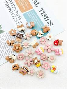 30pcs Cartoon Resin Brown Bear & Flower Random Pattern Decor Set, Suitable For Wooden Shoes And Sandals, Durable, Whimsical Design Perfect For Girls Party Gifts And Creative Gifts