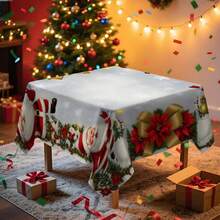 1pc Christmas Snowman & Sleigh "Merry Christmas" Tablecloth, Holiday Scene Decor, Durable Polyester Tablecloth Suitable For Daily Family Gatherings, Living Room, Dining Room, Christmas Themed Events