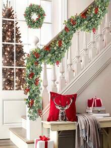 1pc, 70in/5.9ft Red Eucalyptus Wreath, Silver Dollar Eucalyptus Leaves & Baby's Breath Artificial Greenery Garland, Suitable For Christmas, Christmas Decor, Decorations, Centerpieces, Baby Showers, Wall Decor, Room Decor, Weddings, Event Decor, Home Decor Christmas Decorations