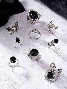 9pcs Vintage Silver Gothic Style Black Rose Bat Heart Vampire Stackable Rings Set, Suitable For Women