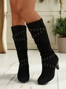 Women's Autumn/Winter Over-The-Knee Boots With Crossed Rivets Straps, Pleated Tall Boots, Round Toe High Heel Side Zipper Fashion Boots - Black - View 2