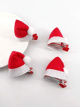 4pcs/Pack Christmas Red & White Santa Hats, Elegant Polyester Hair Clips Suitable For Christmas Wear, Hair Accerssories