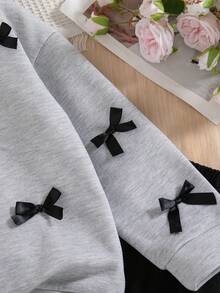 2 件女童休闲时尚纯色蝴蝶结装饰圆领落肩长袖羊毛运动衫和裤子套装，秋冬 - 淺灰色 - 查看 5