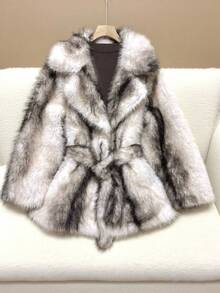 Damen Winter Colour-Blocking Mantel mit großem Kragen und mittlerer Länge, künstliches Fell, europäischer und amerikanischer Modestil, oversized künstlicher Fellmantel