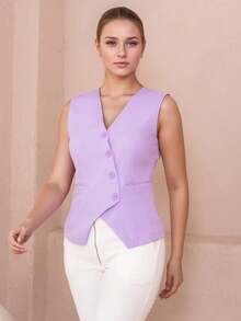 Asymmetrical Vest With Pocket And 4 Twill Buttons - 紫丁香色 - 查看 1