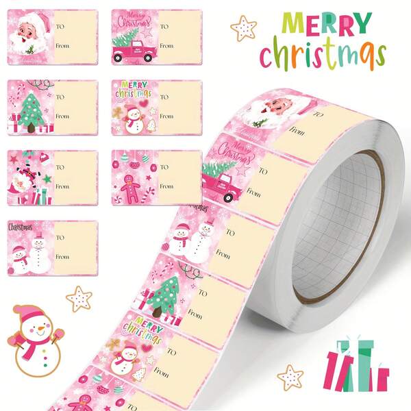 1 Roll Christmas Pink Decorative Stickers, Winter Snowman & Pine Tree Theme Roll Stickers, Christmas Gift Decoration Labels, Pink Christmas Holiday Address Labels, DIY Handwritten Name Envelope Stickers, Holiday Paper Bags & Gift Decoration, Arts & Crafts And Sewing Supplies, Gift Packaging Labels