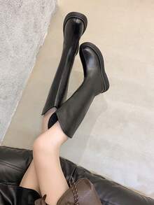 Western Style Side Zipper Holiday Thick Sole 4cm New V-Shaped Women's Autumn/Winter Riding Boots, Suitable For Plus Size Calves, Tall Shaft Boots - Black - View 5