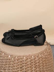 Women's Ballet Flats, Fashionable Square Toe Slip-On Soft Bottom Shoes, Versatile Flat Shoes, Black Hollow Flat Bowknot Loafers, Size Run Large, Plus Size 35-43