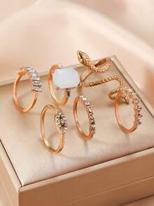 Set de 6 anillos ajustables con forma de serpiente de cristal verde con estilo bohemio para mujeres