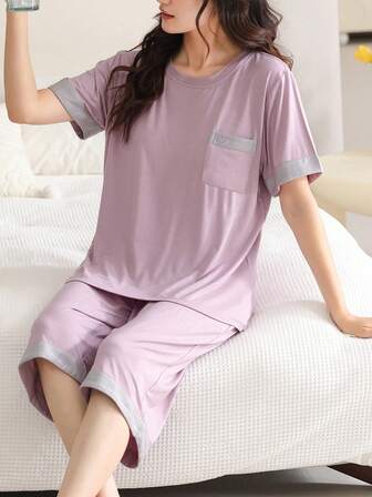 2 Pieces Set Women Modal Short Sleeve & 3/4 Length Pants Soft Sleepwear Loungewear