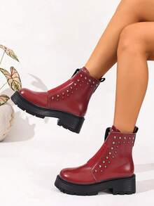 Botas cómodas y casuales de suela gruesa, hechas a mano con hebilla y elástico, de color rojo/negro, con tacón grueso y cuña, nuevas para otoño/invierno