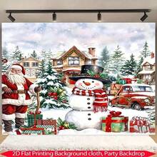 1pcFestive Santa And Snowman Winter Scene Backdrop, Merry Christmas Banner With Charming Santa Claus, Cheerful Snowman, Snow-Covered Houses, Pine Trees, And Red Truck With Gifts, Ideal For Holiday Parties, Winter Celebrations, Photo Booth Props, Event Decorations, And Home Decor.Christmas Decorations