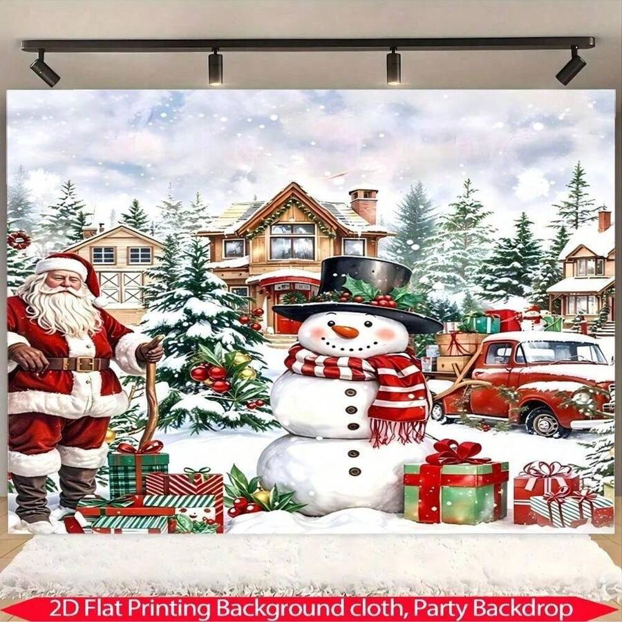 1pcFestive Santa And Snowman Winter Scene Backdrop, Merry Christmas Banner With Charming Santa Claus, Cheerful Snowman, Snow-Covered Houses, Pine Trees, And Red Truck With Gifts, Ideal For Holiday Parties, Winter Celebrations, Photo Booth Props, Event Decorations, And Home Decor.Christmas Decorations