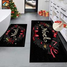 1 pièce Tapis de bain antidérapant avec motif de baies de houx et nœud de Noël, en matériau imitation cachemire, décoratif moelleux, convient pour la salle de bain, la porte, la cuisine et autres occasions, lavable en machine, décoration de Noël, peut être offert en cadeau