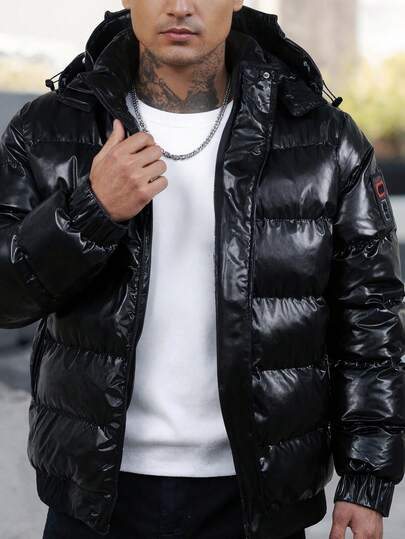 Jachetă bărbătească din piele PU strălucitoare, căptușită, stil casual de iarnă, stil streetwear, design cu glugă detașabilă