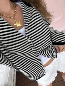 Vivid Style 秋冬新款女装时尚街头宽松条纹针织开衫毛衣外套，街头风，机场，圣诞节，圣诞毛衣，新年黑色度假风 - 黑色 - 查看 3