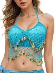 Áo croptop buộc dây tua rua đính sequin dành cho nữ, trang phục múa bụng phong cách Bohemian để biểu diễn. - Nhiều màu - Xem 18