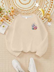 Tween Girl Casual Cartoon Donut Cute Face Girly Style Smile Pattern Round Neck Long Sleeve Black Sweater Pullover Autumn And Winter Style For Girls