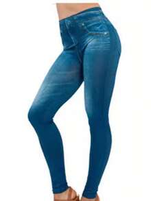 Women's Casual Minimalist Leggings, Blue Denim Effect High Stretch Skinny Pants, Suitable For Fitness, Training, Dance - Navy Blue - View 3