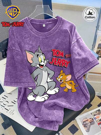 Warner Bros LILL, Camiseta de mujer con estampado de Tom y Jerry para otoño, de ajuste ligeramente elástico, de algodón lavado y desgastado, de cuello redondo y manga corta, camiseta casual diaria para la calle