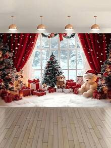 1pc 2D Flat Christmas Wonderland Style Backdrop Banner With Snowman, Christmas Tree, Wreath Elements, Multi-Size Polyester Material, Suitable For Christmas Party Decoration, Indoor Celebration, Christmas Party Photography Background, Photo Studio Props And Holiday Gathering Background - Multicolor - View 7