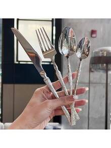 4pcs/24pcs Creative Hammer Design Stainless Steel Kitchen Utensil Set Includes Forks, Knives, Spoons, Dishwasher Friendly, Suitable For Home, Restaurant, Hotel, Party, Wedding