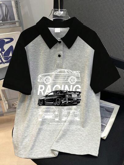 Boys' Casual Polo Shirt, Minimalist Design With Playful Racing Car & Letter Print, Short Sleeve, Suitable For Spring/Summer New Kids Wear