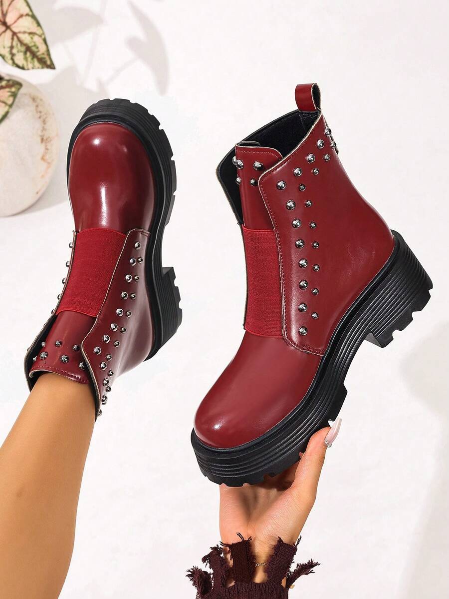 Botas cómodas y casuales de suela gruesa, hechas a mano con hebilla y elástico, de color rojo/negro, con tacón grueso y cuña, nuevas para otoño/invierno