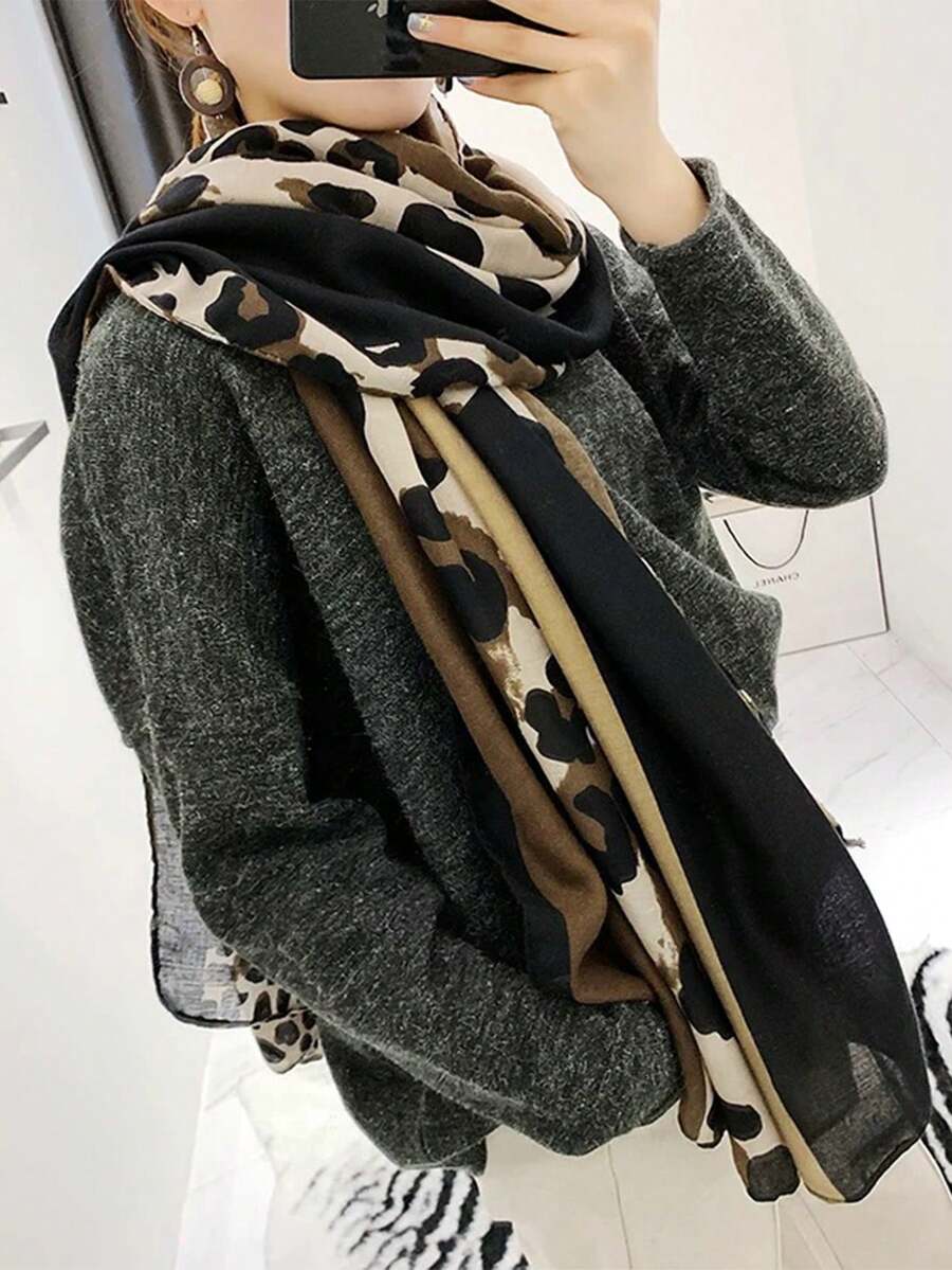 1pc Leopard Print Geometric Patchwork Scarf, Bohemian Style Shawl & Headband For Women