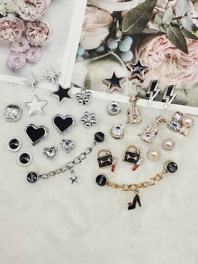 14 st vintage-stil gyllene silverfärgade hartsfiolblomma skoberlocker DIY-tillbehör punk skokedjor dekor svart hjärtformad stjärnskospännen dekorationer roligt mönster avtagbara skoklämmor passar kvinnors sandaler, tofflor, strandväska jul halloween födelsedagsfestpresenter