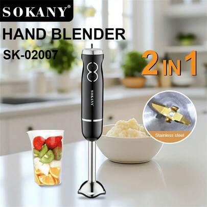  Máy xay điện 2 trong 1 SOKANY, công suất cao 400W, điều chỉnh tốc độ kép, cốc đong tích hợp, chất liệu thép không gỉ 304. Thích hợp để đánh bông, trộn thịt, làm thức ăn cho trẻ em và ép nước trái cây. Lý tưởng cho gia đình và khách sạn, có thể dùng như máy xay thịt, máy xay sinh tố và máy làm thức ăn cho trẻ em.