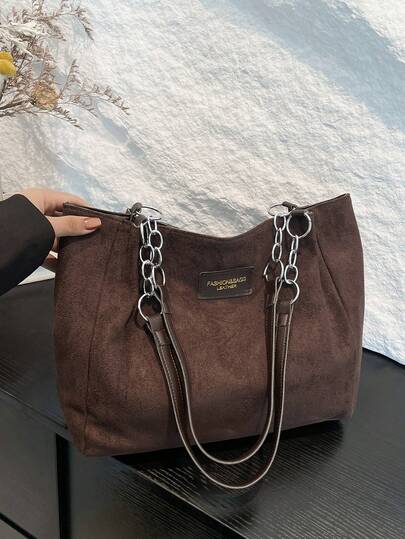 Vintage Suede Tote Bag For Women, Large Capacity Shoulder Bag With Letter Foil Decor, Adjustable Chain Strap, Casual Commuter Handbag, Autumn/Winter