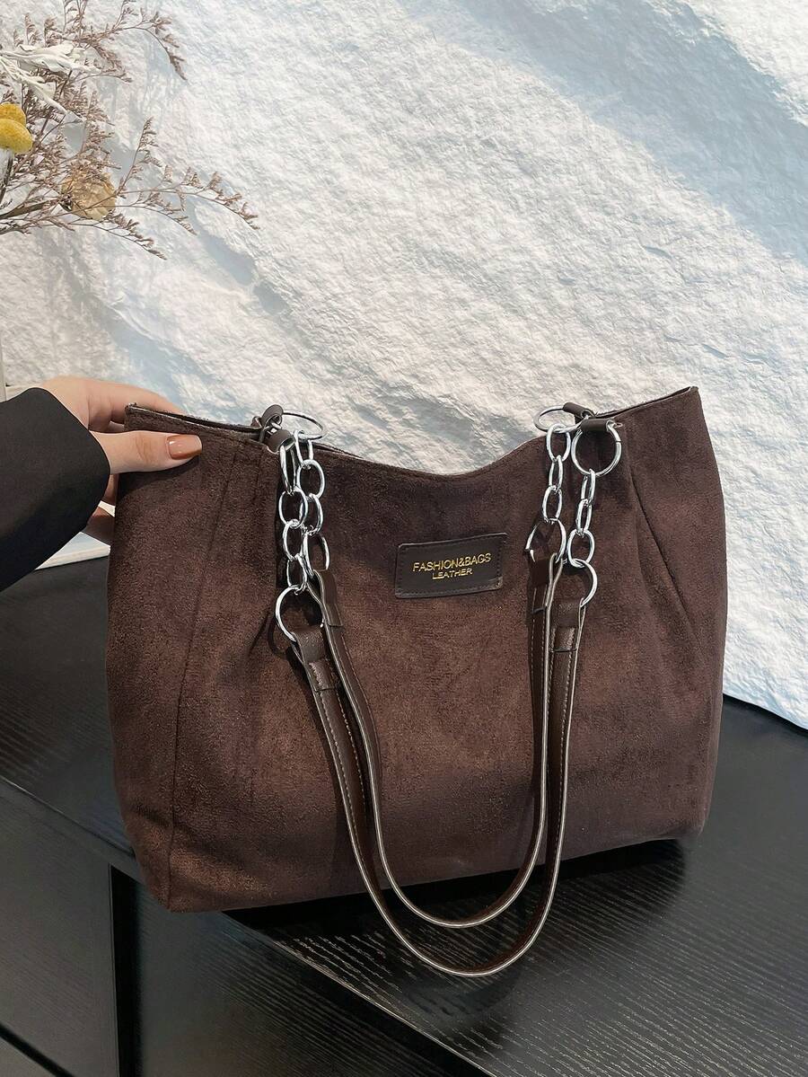 Vintage Suede Tote Bag For Women, Large Capacity Shoulder Bag With Letter Foil Decor, Adjustable Chain Strap, Casual Commuter Handbag, Autumn/Winter