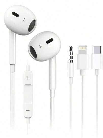 In-Ear Headphones With Lightning, Type-C And 3.5mm Headphone Jack, Noise Cancellation, Stereo, Volume Control, Compatible With 17/16/15/14/13/12/11 Series, Smartphones, Laptops, Computers, Ideal For PC Gaming, Must Have