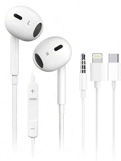 In-Ear Headphones With Lightning Interface And 3.5mm Headphone Jack, Compatible With IPhone Pro/14/13/12/11/X/8/7/6 Plus/12 Pro Max, Smartphones, Computers, Laptops And Most 3.5mm Headphone Jack Devices. Type-C In-Ear Headphones | With Noise Cancellation, Stereo And Volume Control, Compatible With 15/16 Plus/17 Ari/16 Pro Max And Most USB-C Devices, Ideal For Smartphone And PC Gaming