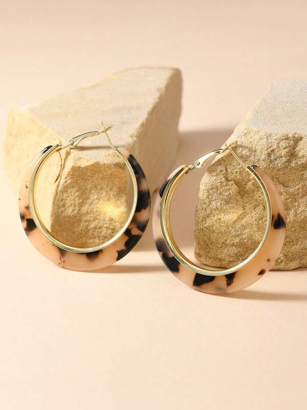 1 Pair Gold, Black & White Leopard Print Acrylic C-Shaped Round Earrings For Women, Suitable For Daily Wear