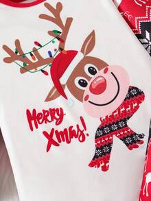 3件套男婴圣诞可爱卡通小鹿字母印花长袖连体衣+圣诞印花休闲裤套装（含帽子） - 紅色 - 查看 8