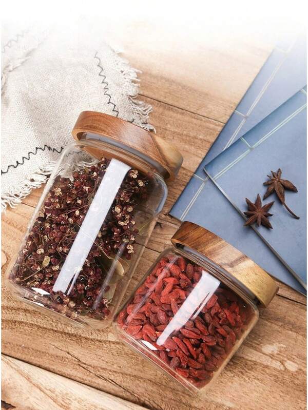 1 Stück Akazienholz versiegelter Glasgefäß mit Holzdeckel, Küchenlagerungsglas für Getreide, geeignet zum Aufbewahren von Kaffeebohnen, Pasta, Gewürzen, Süßigkeiten, Salz, Zucker, Tee, Glasflasche