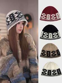 1 buah Topi Rajut Vintage, Topi Pelindung Telinga Wanita Musim Gugur/Dingin, Desain Serbaguna yang Membuat Wajah Lebih Ramping, Topi Ember Rajut Blok Warna - MultiWarna - View 8