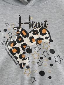 coviviky Set de 2 piezas de sudadera con capucha de hombros caídos y pantalones deportivos con estampado de leopardo y patrón de corazón y estrella para niñas