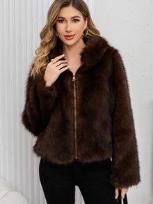 Women's Elegant Faux Fur Hooded Jacket, Warm Brown Long Sleeve Coat - Coffee Brown - View 8